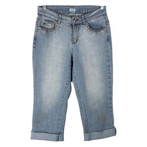 Cache Size 4 Capri Jeans Cropped Light Blue Rhinestones Cuffed Pockets‎ 1075